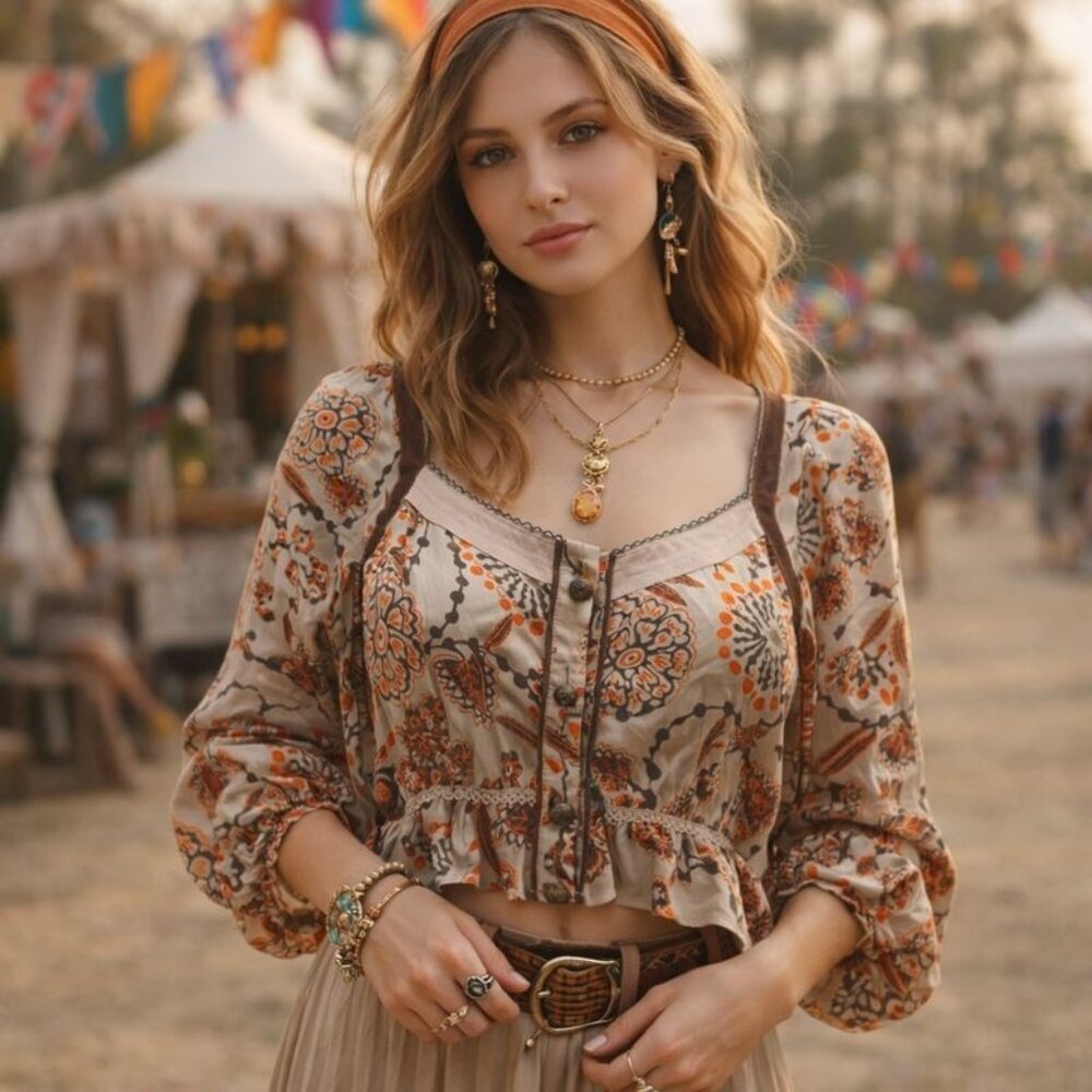 Hanii Y 100% Silk Boho Peasant Top Womens Small Brown Floral‎ Vintage Designer